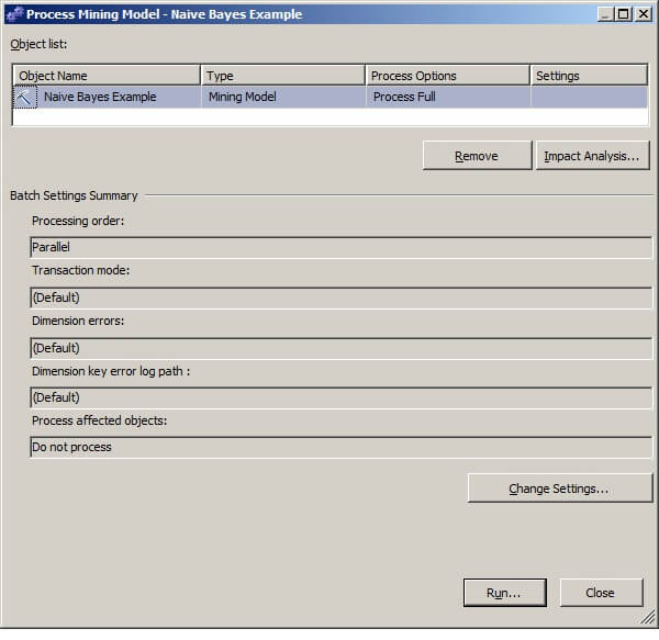 When the Process Mining Model - Naive Bayes Example window pops up, leave the default settings and click on Run... 