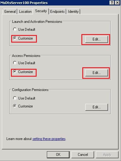 Security Tab of the DCOM Component MsDtsServer 100