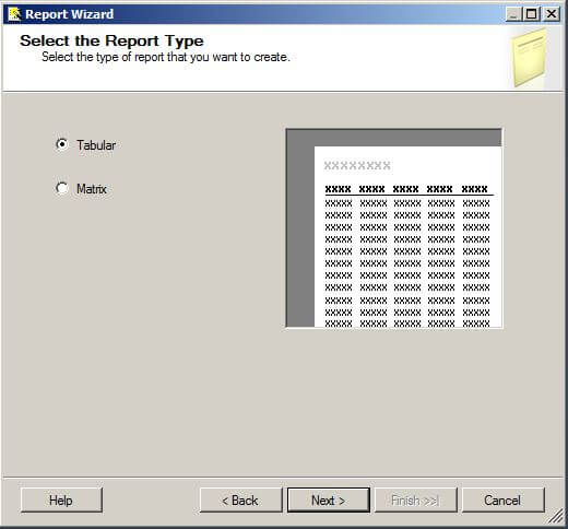 On the Report Type screen we will choose Table and then click on Next