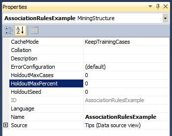 The Visual Studio Properties Window for the Mining Structure. 