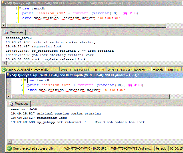 sp_getapplock running in two windows with one waiting on the other Img