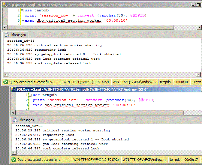 sp_getapplock running in two windows with one waiting on the other Img