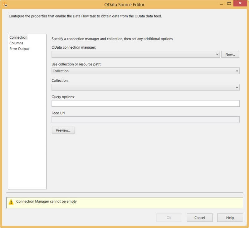 The OData Source editor