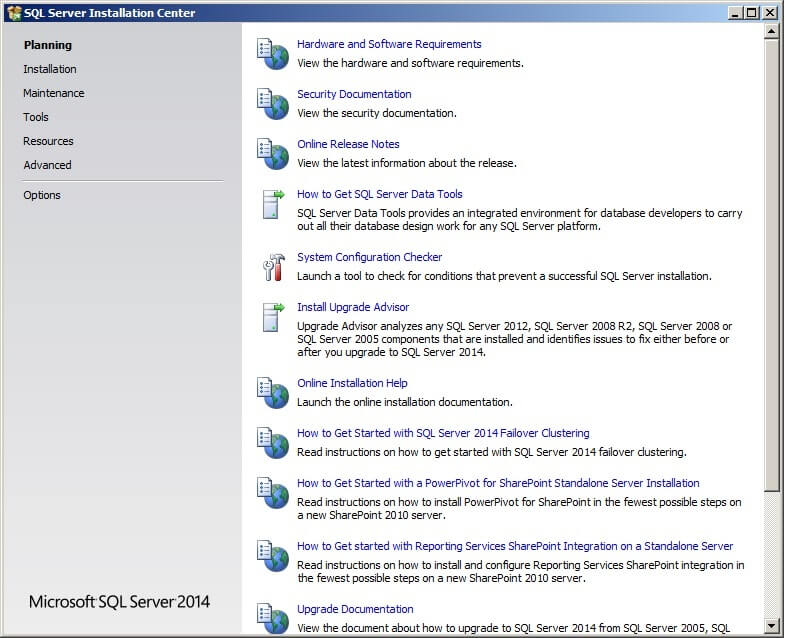 The SQL Server Installation Center window will display.