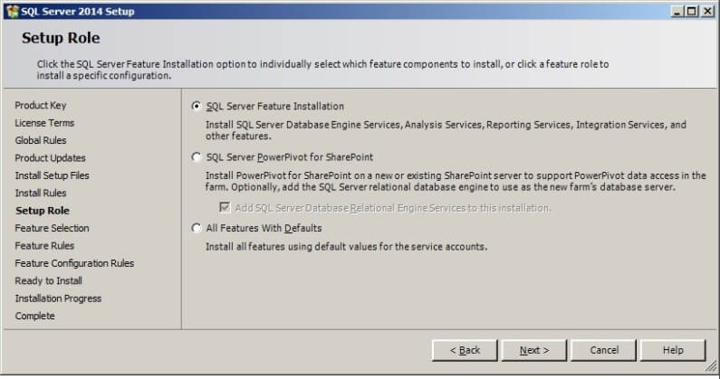 click on the SQL Server Feature Installation radio button.