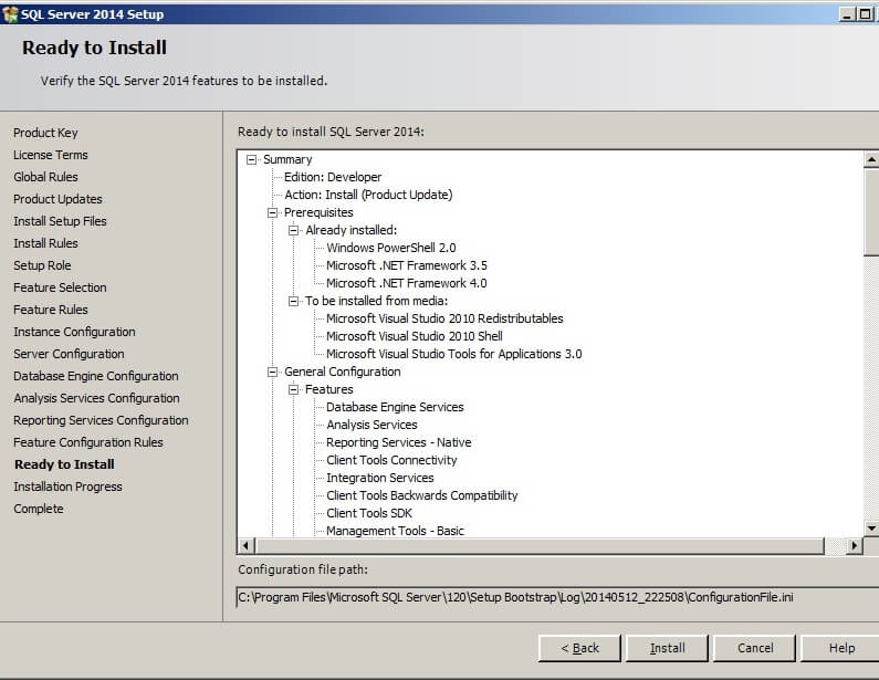 Click on "Install" to begin the installation of the SQL Server 2014 components.