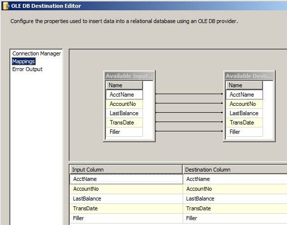 OLE DB destination editor mapping