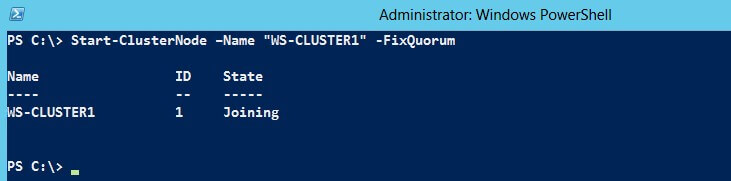 Use the Start-ClusterNode PowerShell cmdlet, passing the -FixQuorum parameter.