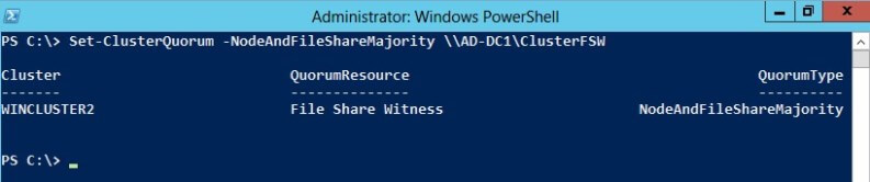 Notice that my cluster quorum configuration is NodeMajority with no QuorumResource property value.
