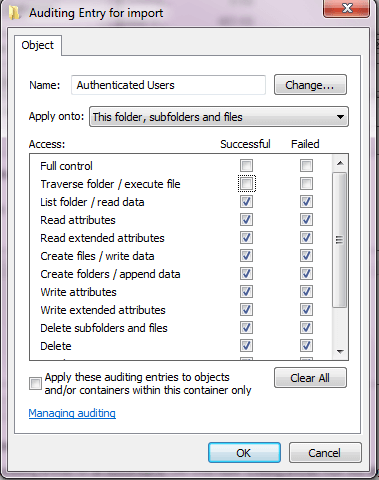 You'll get a dialog box which allows you to add, remove, and modify who is being audited, and for what actions.