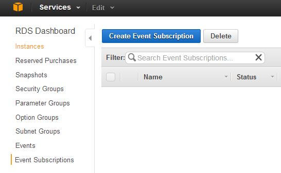 RDS Event Subscription page