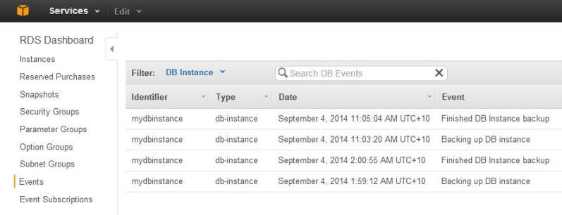 List of RDS events displayed