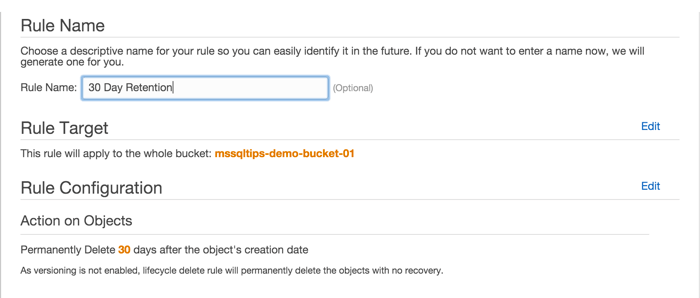 Click the "Review" button to finish configuring and naming the lifecycle rule