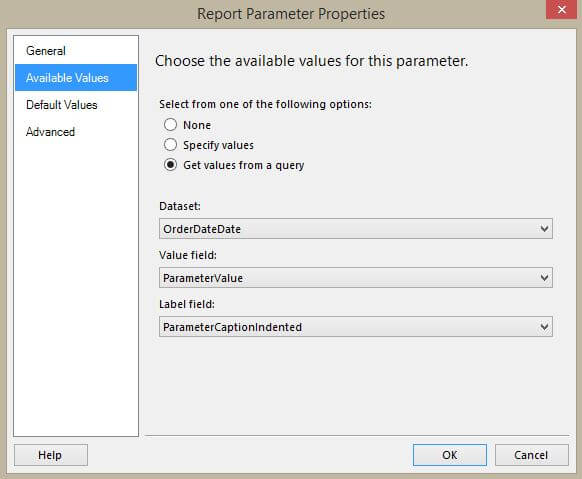 Report Parameter Properties Available Values Tab
