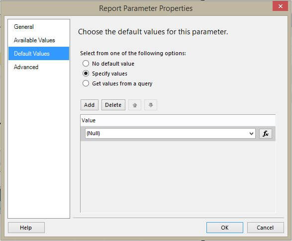 Report Parameter Properties Default Tab