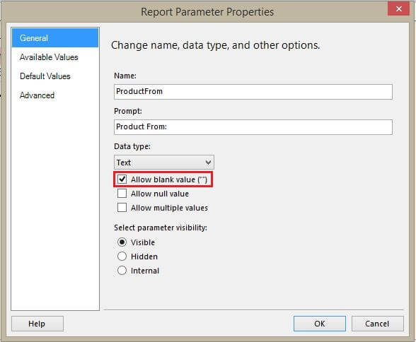 Report Parameter Properties for ProductFrom Parameter