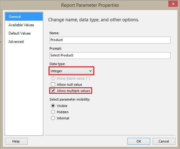 Report Parameter Properties for Product Parameter