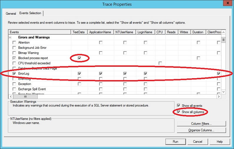 SQL Profiler - Event Selection Tab