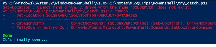 Error handling with try-catch-finally in PowerShell for SQL Server