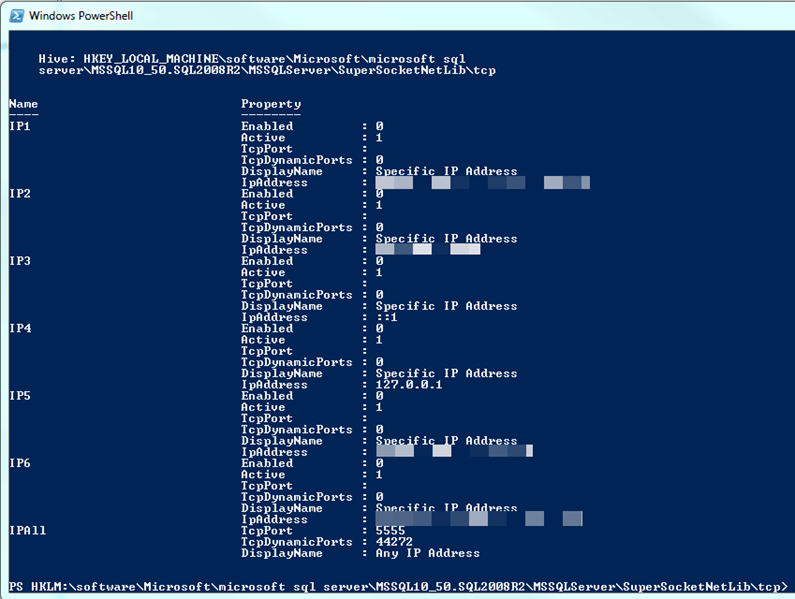 If Enabled is set to 1 for a particular instance, then we'll need to navigate into the Tcp key and do another dir.