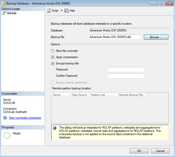 Execute a SQL Server Analysis Services backup in Management Studio