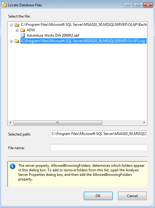 Review the SSAS backup file in the specified directory