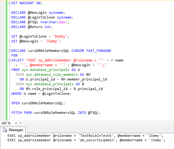 Execution of T-SQL to add role memberships