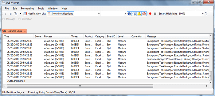 Microsoft ULSViewer viewing a trace log in realtime