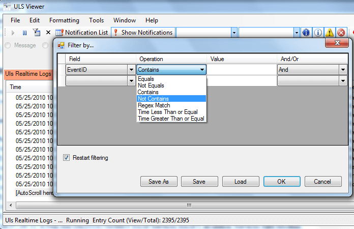 Microsoft ULSViewer filter options