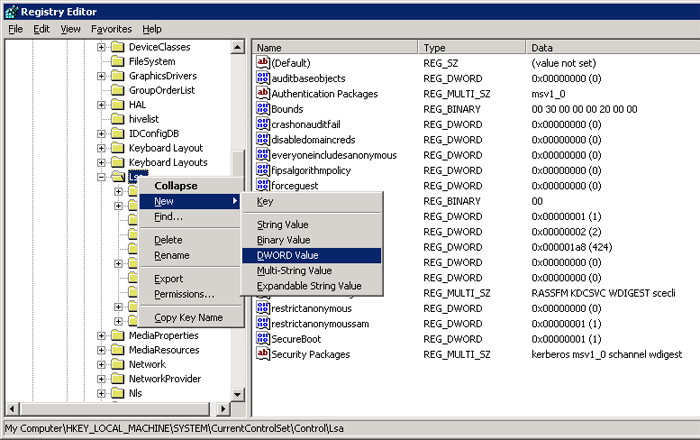 Right-click Lsa, point to New, and then click DWORD Value