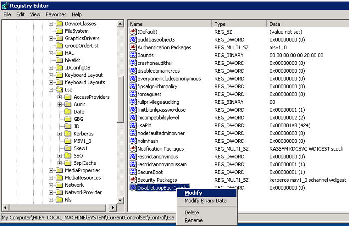Right-click DisableLoopbackCheck, and then click Modify.