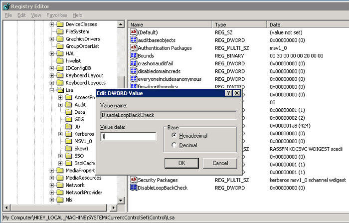 In the Value data box, type 1, and then click OK.