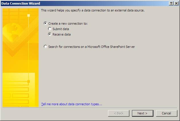 receive Data, Data connection wizard