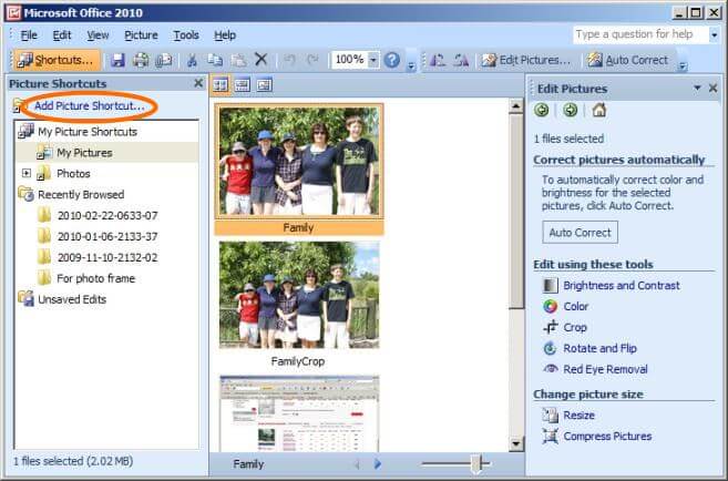 Picture manager showing Add Picture Shortcut... link