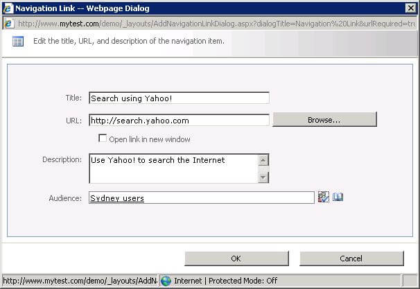 Dialog to define a new navigation link