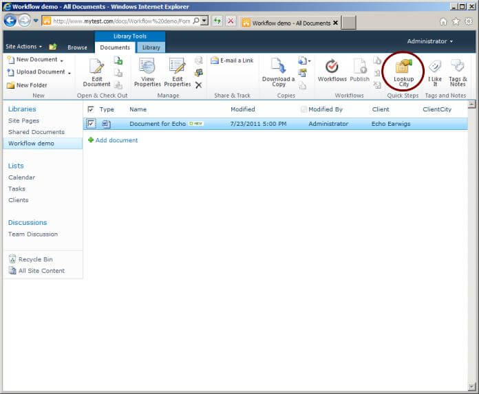 Document library showing quick step in ribbon