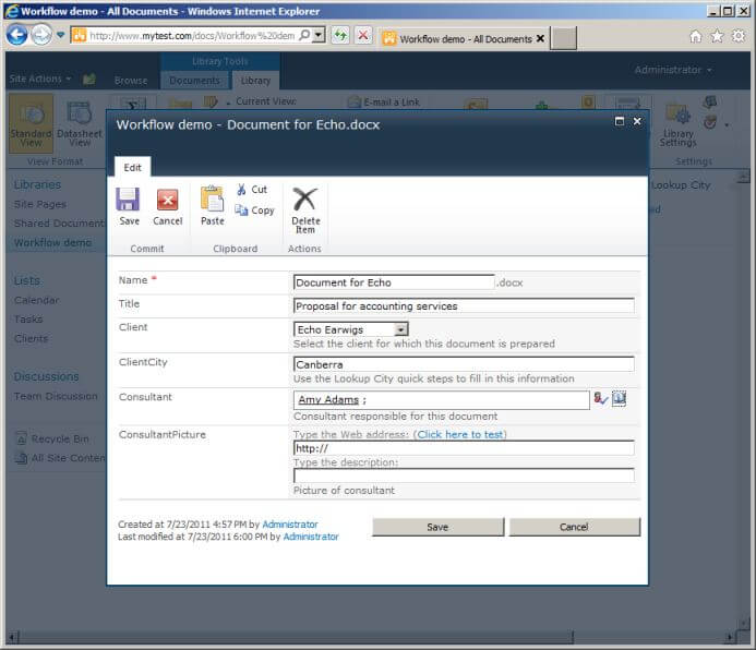 Editing the document properties to select a consultant
