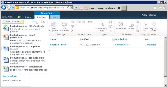 Options list under New button in document library, showing custom content types
