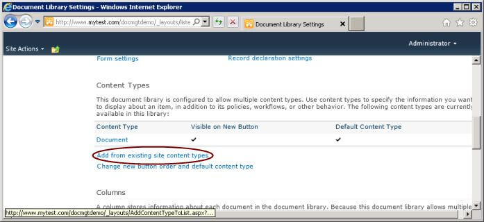 Library settings showing link to add from existing content types