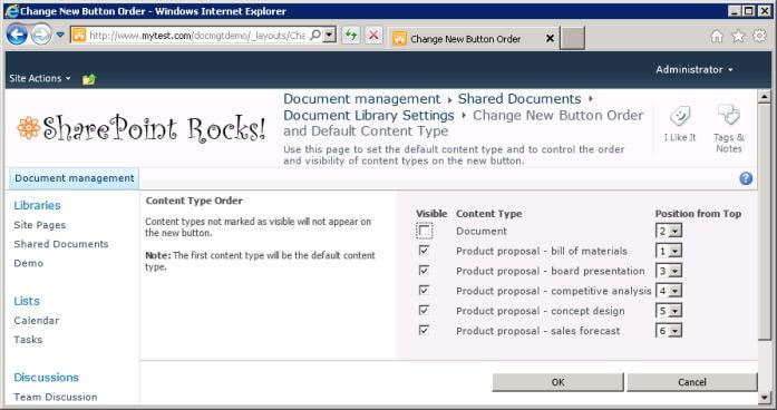Settings screen to set order of content types on New button in library