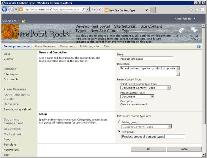 Screenshot of completed new parent content type