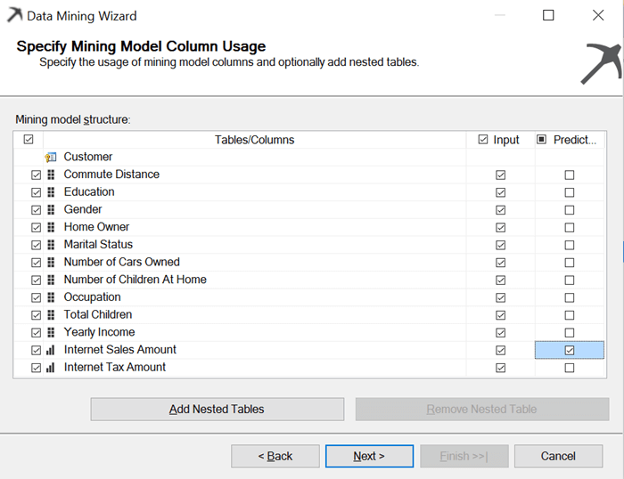 data mining wizard column usage
