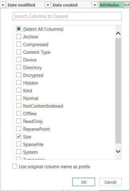Retrieve file sizes from the file system using Power Query