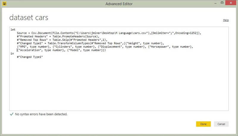 Power BI Desktop Advanced Editor includes all formatting and conversions
