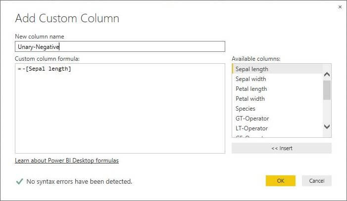 Add Custom Column for Unary Negative Operator