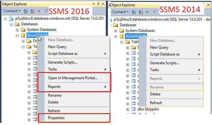Azure Database Conextual Menu Comparison with Previous SSMS Version.