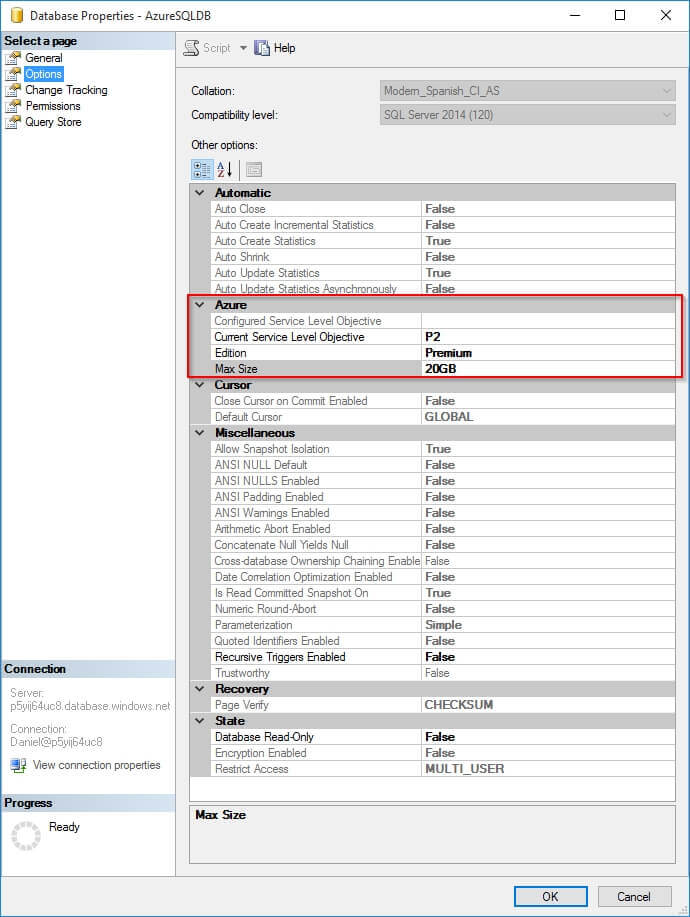 Database Properties Options Page.