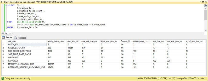 Query to sys.dm_os_wait_stats and sys.dm_exec_session_wait_stats.