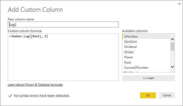 Sample code for the Number.Log function