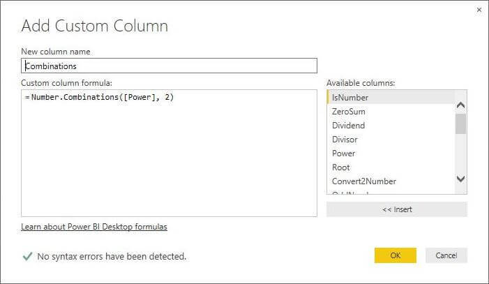 Sample code for the Number.Combinations function